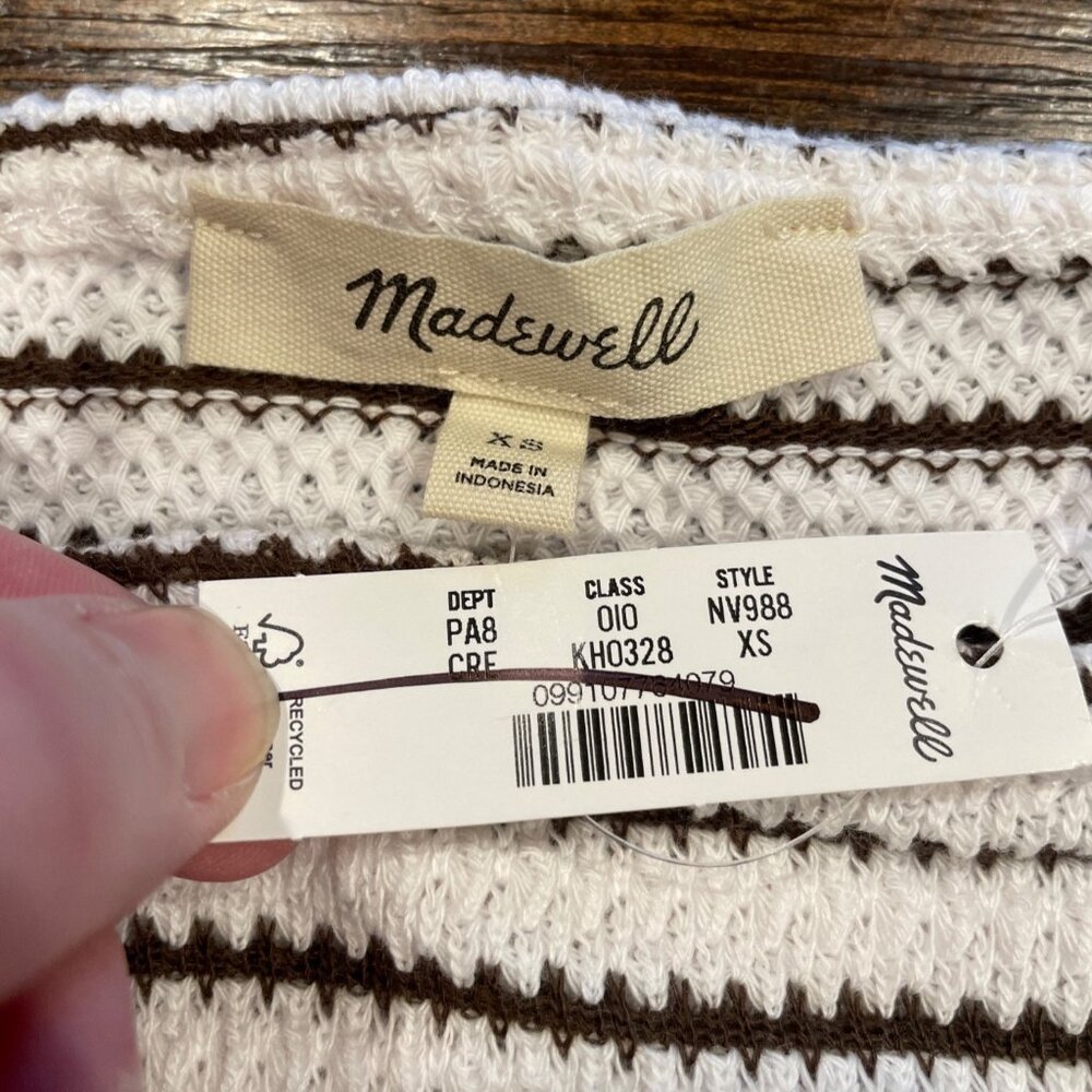 NWT Madewell Women's Sz XS Embroidered Boxy Knit Tee in Stripe Cream Brown NV988 - Picture 3 of 9